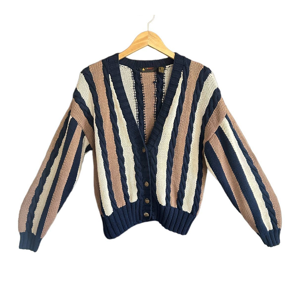 VTG Liz Sport Petite Hand Knit Chunky Cardigan Sweater Women's M Stripped
